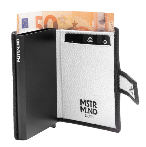 Black Smart Wallet with Strap - White Interior